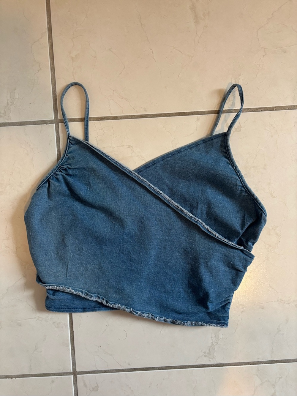 Classic Denim Wrap Crop Top - Blue